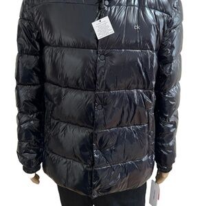 Designer CK Calvin Klein Black Glossy Nylon Quilted Winter Jacket Coat Mens XL